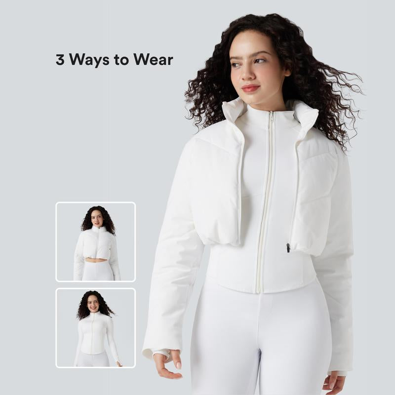 Halara 3-In-1 Stand Collar Casual Cropped Puffer Coat & Thumb Holes Curved Hem Jacket with Pocket