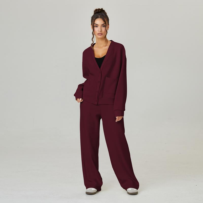 Katchme Women'S Slouchy Solid Color V Neck Long Sleeve Button Cardigan & Drawstring Waist Trousers Co-Ord, Soft Two Piece Outfits for Fall & Winter