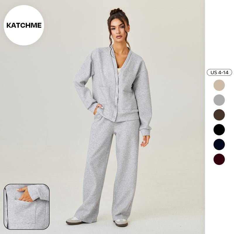 Katchme Women'S Slouchy Solid Color V Neck Long Sleeve Button Cardigan & Drawstring Waist Trousers Co-Ord, Soft Two Piece Outfits for Fall & Winter