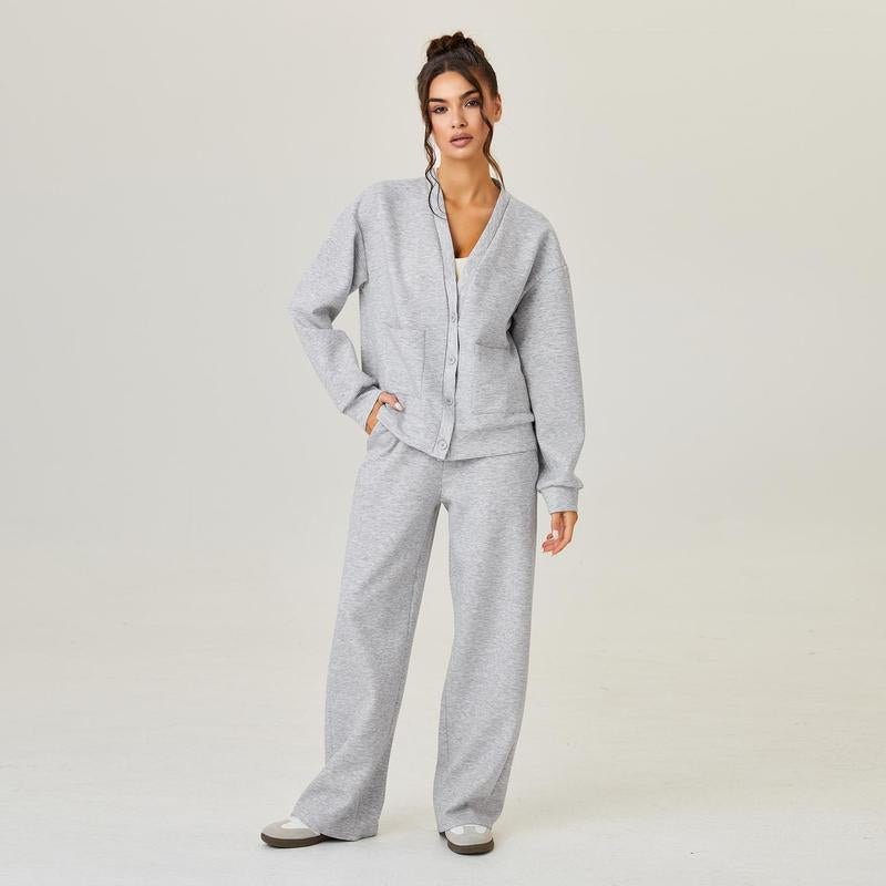 Katchme Women'S Slouchy Solid Color V Neck Long Sleeve Button Cardigan & Drawstring Waist Trousers Co-Ord, Soft Two Piece Outfits for Fall & Winter