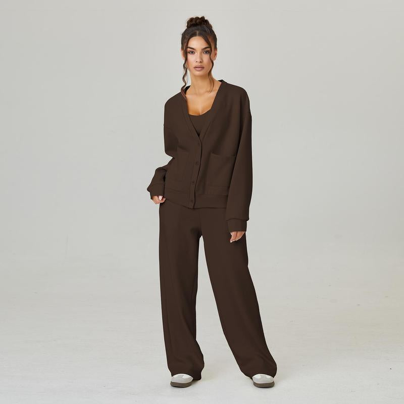 Katchme Women'S Slouchy Solid Color V Neck Long Sleeve Button Cardigan & Drawstring Waist Trousers Co-Ord, Soft Two Piece Outfits for Fall & Winter