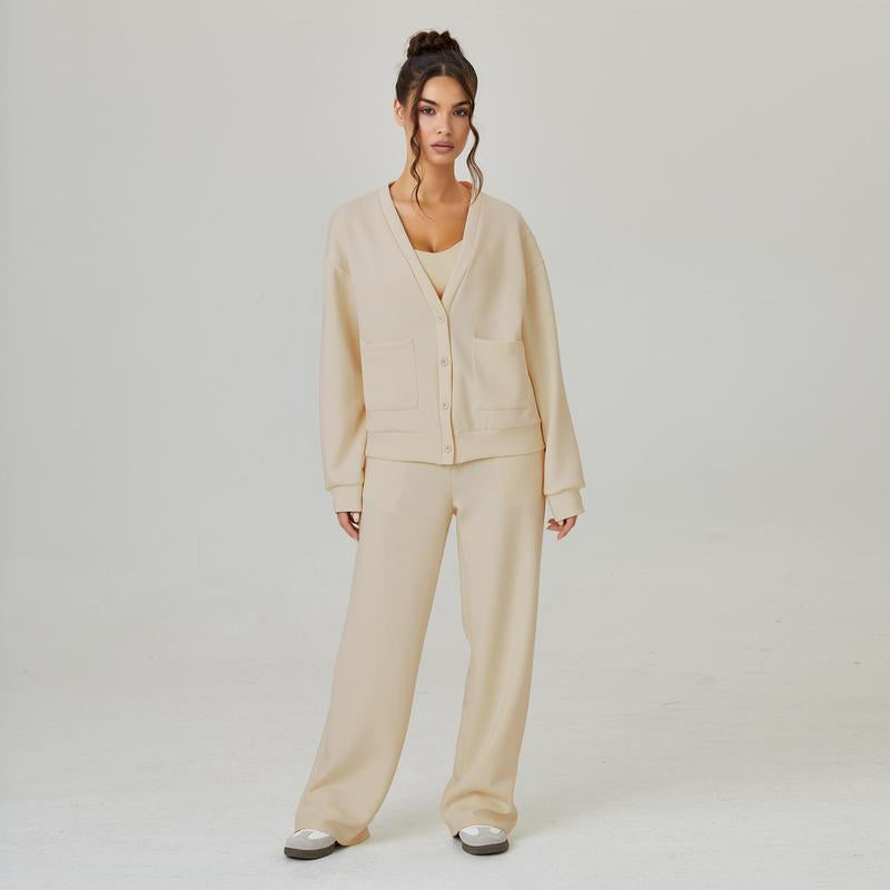 Katchme Women'S Slouchy Solid Color V Neck Long Sleeve Button Cardigan & Drawstring Waist Trousers Co-Ord, Soft Two Piece Outfits for Fall & Winter