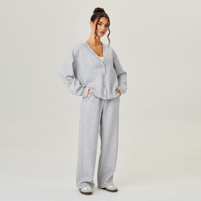 Katchme Women'S Slouchy Solid Color V Neck Long Sleeve Button Cardigan & Drawstring Waist Trousers Co-Ord, Soft Two Piece Outfits for Fall & Winter