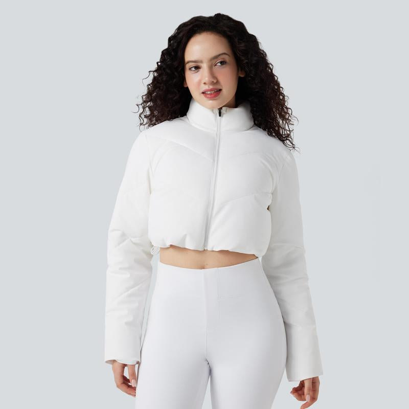 Halara 3-In-1 Stand Collar Casual Cropped Puffer Coat & Thumb Holes Curved Hem Jacket with Pocket