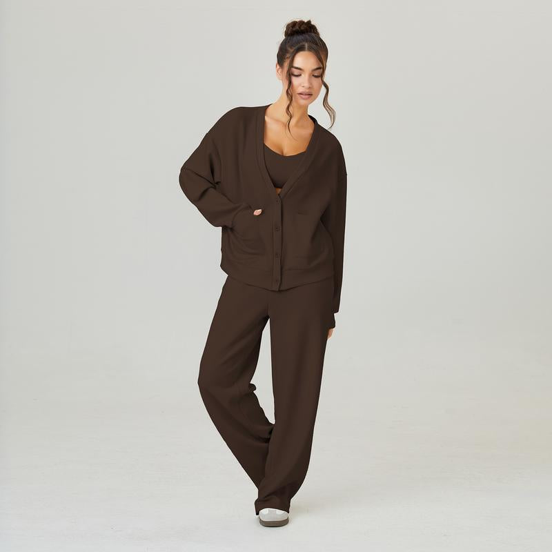 Katchme Women'S Slouchy Solid Color V Neck Long Sleeve Button Cardigan & Drawstring Waist Trousers Co-Ord, Soft Two Piece Outfits for Fall & Winter